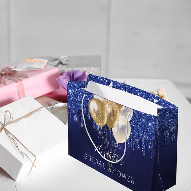 Bridal Shower navy blue gold glitter drip balloons Large Gift Bag (Creator Uploaded)