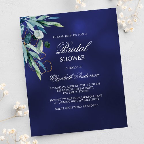 Bridal Shower navy blue greenery budget invitation