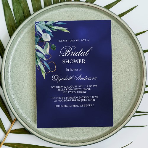 Bridal Shower navy blue greenery elegant Invitation Postcard