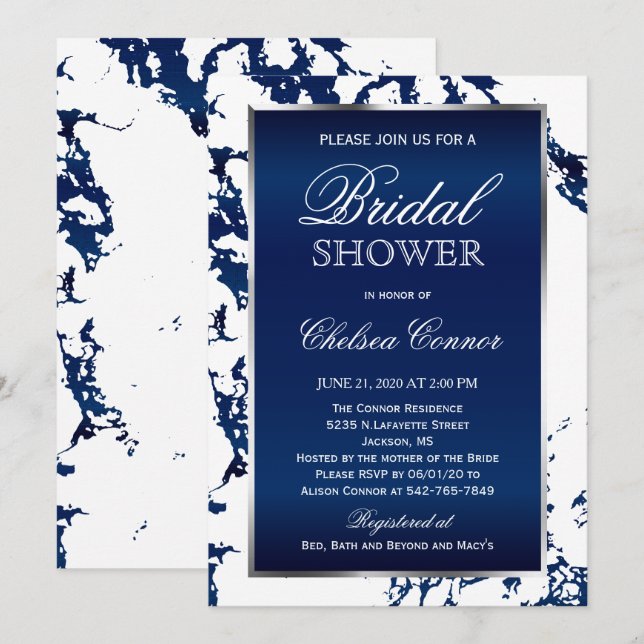 Bridal Shower - Navy Blue Marble, White & Silver Invitation (Front/Back)