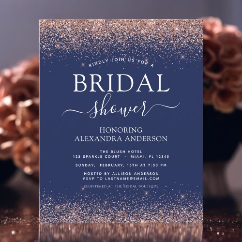 Bridal Shower Navy Blue Pink Glitter Invitation