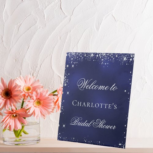 Bridal Shower navy blue silver glitter welcome Pedestal Sign