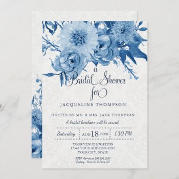 Bridal Shower Navy Blue White Chintz Damask Floral Invitation by LuxuryWeddings at Zazzle