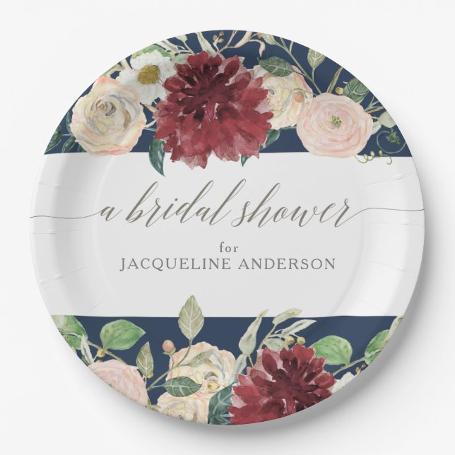 Bridal Shower Navy Blush Burgundy Roses Floral Paper Plates (Front)