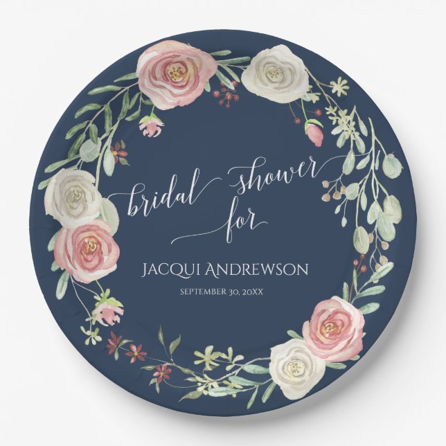 Bridal Shower Navy Blush Ivory Roses Wreath Paper Plates (Front)
