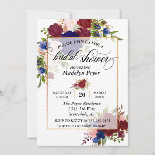 Bridal Shower Navy Burgundy Gold Frame Gold Invitation