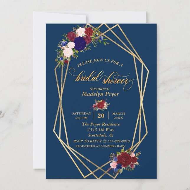 Bridal Shower Navy Burgundy Gold Frame GoldModern Invitation (Front)
