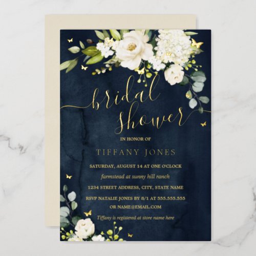 Bridal Shower Navy Champagne Floral Gold  Foil Invitation