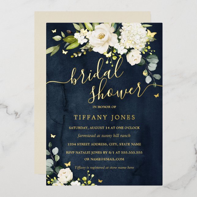 Bridal Shower Navy Champagne Floral Gold  Foil Invitation (Front/Back)