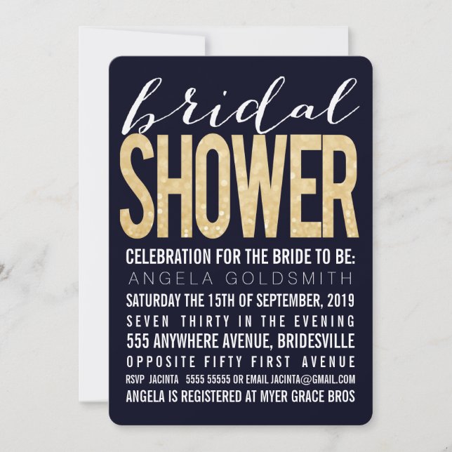 Bridal Shower Navy Gold Glitter Typography Invitation (Front)