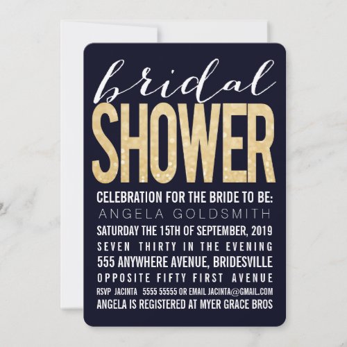 Bridal Shower Navy Gold Glitter Typography Invitation