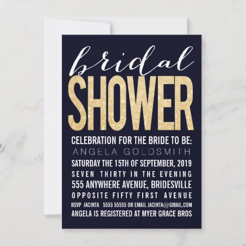 Bridal Shower Navy Gold Glitter Typography Invitation