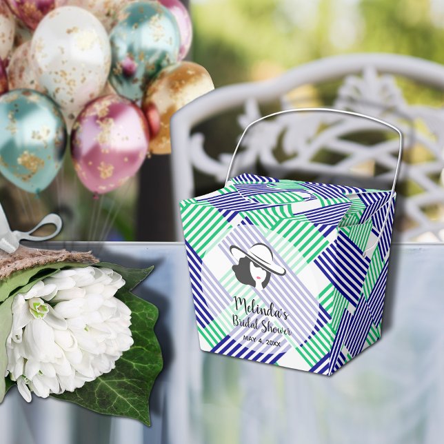 Bridal Shower Navy Green Stripes Takeout Favor Boxes (Big Derby hat lady on blue and green diagonal stripes takeout style bridal shower favor boxes)
