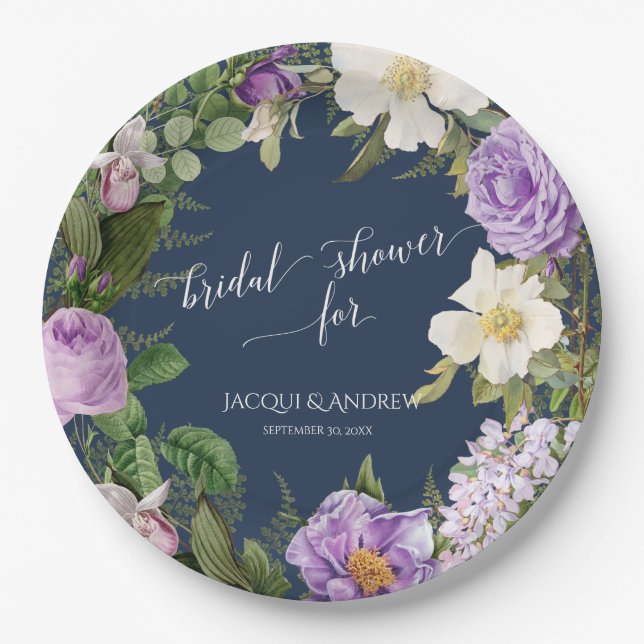 Bridal Shower Navy Lavender Ivory Peony Wreath Paper Plates (Front)