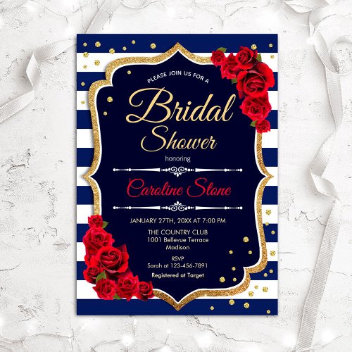 Bridal Shower _ Navy White Stripes and Pink Roses Invitation