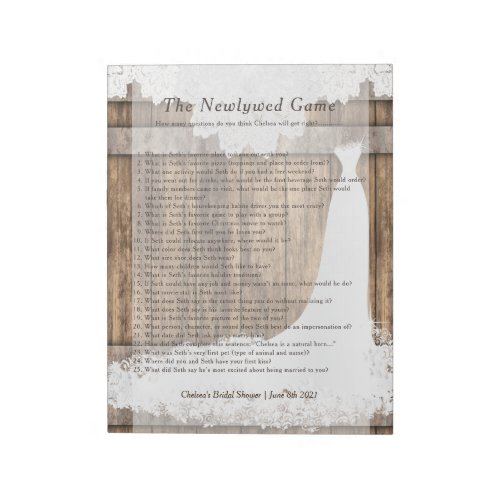 Bridal Shower Newlywed Game _ Rustic Wood  Lace Notepad