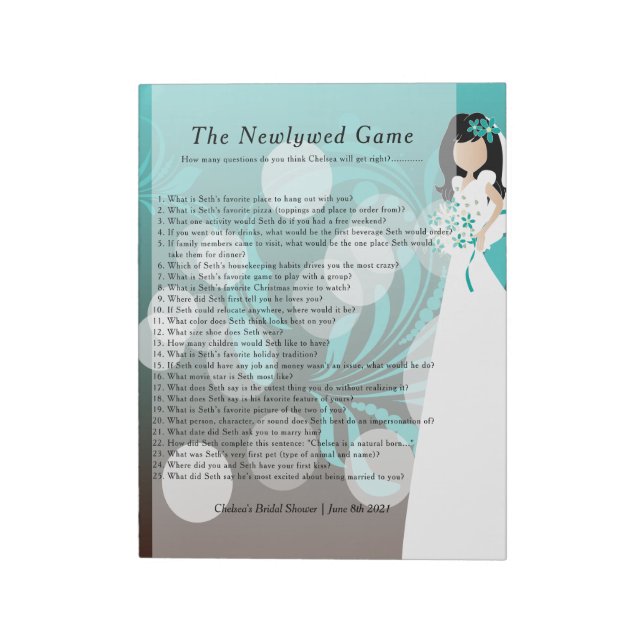 Bridal Shower Newlywed Game - Turquoise & Choc👰 Notepad (Rotated)