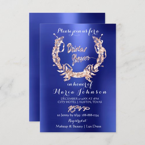 Bridal Shower Olive Wreath  Rose Gold Indigo Blue Invitation