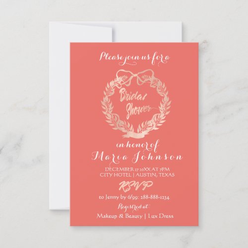 Bridal Shower Olives Floral Wreath Coral Pink Rose Invitation