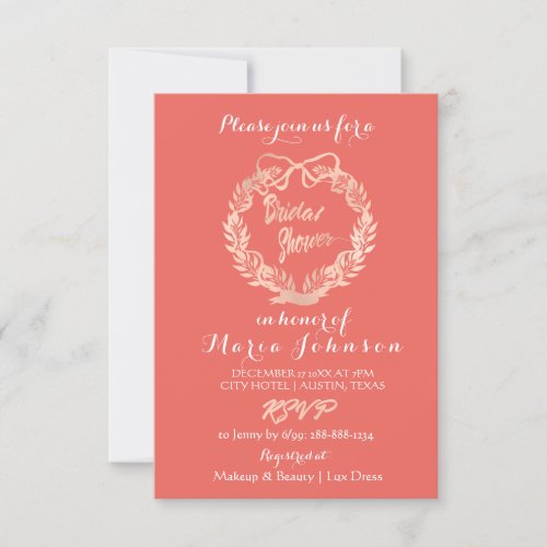 Bridal Shower Olives Floral Wreath Coral Rose Gold Invitation