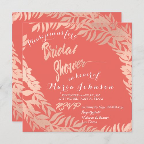 Bridal Shower Olives Leafs Wreath Coral Rose Gold Invitation