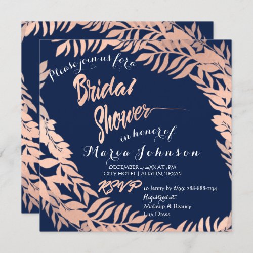 Bridal Shower Olives Leafs Wreath Navy Rose Gold Invitation