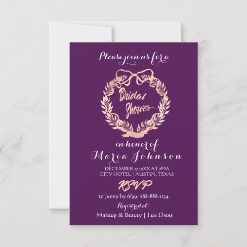 Bridal Shower Olives Wreath Plum Rose Gold Invitation