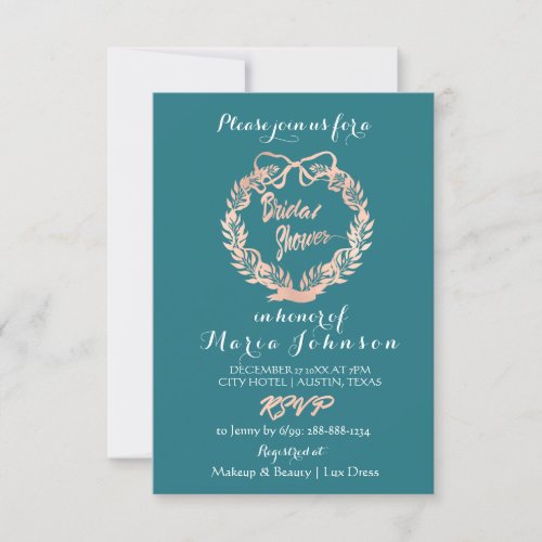 Bridal Shower Olives Wreath Teal Rose Gold Invitation