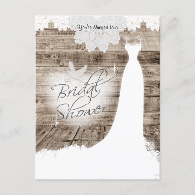 Bridal Shower on Barn Wood with Lace & White Dove Invitation Postcard (Front)