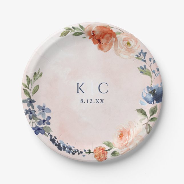 Bridal Shower Orange Dusty Blue Peony Dessert Paper Plates (Front)