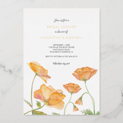 Bridal Shower Orange Floral Watercolor Foil Invita Foil Invitation