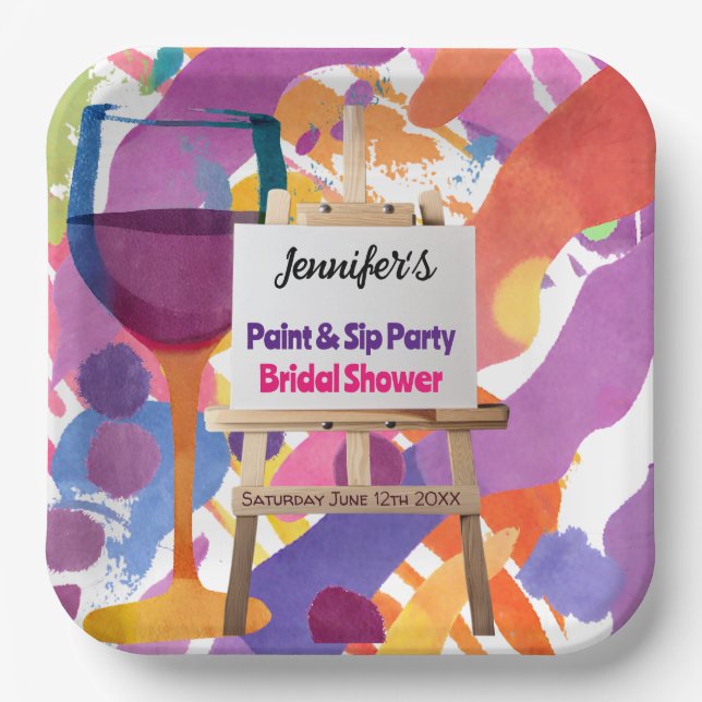 Bridal Shower Paint and Sip party Paper Plates (Front)