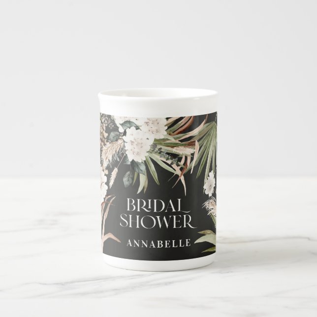 Bridal shower pampas black modern boho party favor bone china mug (Front)