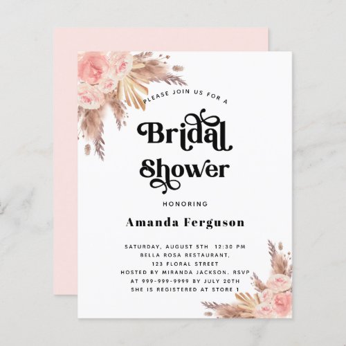 Bridal Shower pampas blush pink budget invitation