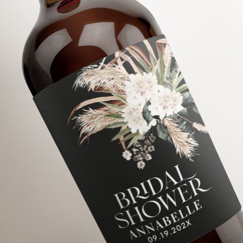 Bridal shower pampas boho black modern elegant wine label