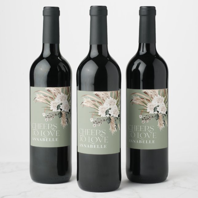 Bridal shower pampas boho sage green modern chic wine label (Bottles)