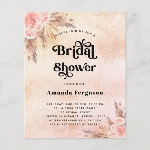 Bridal Shower pampas grass blush budget invitation Flyer