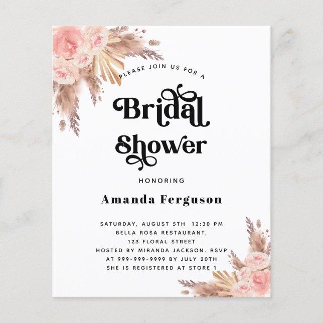 Bridal Shower pampas grass blush pink budget Flyer (Front)