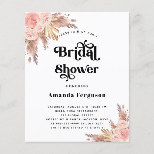 Bridal Shower pampas grass blush pink budget Flyer