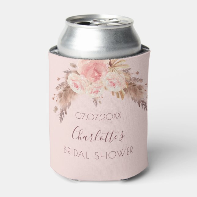 Bridal shower pampas grass blush rose floral name can cooler (Can Front)