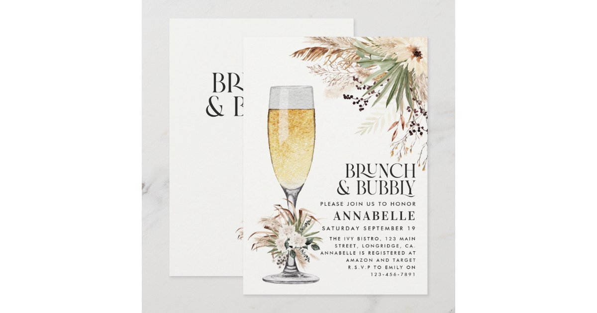 Bridal shower pampas grass brunch and bubbly invitation | Zazzle