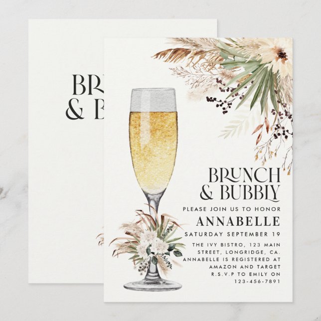 Bridal shower pampas grass brunch and bubbly invitation (Front/Back)