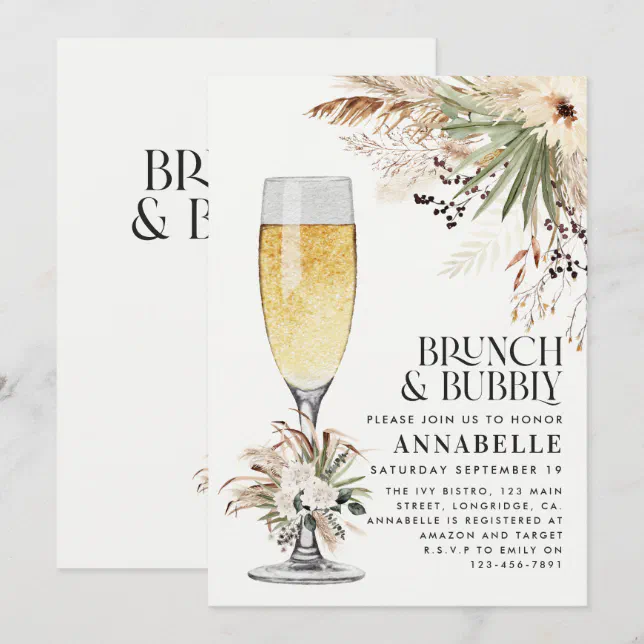 Bridal shower pampas grass brunch and bubbly invitation | Zazzle