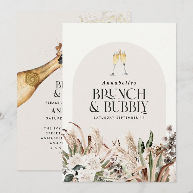 Bridal shower pampas grass champagne brunch bubbly invitation (Front/Back)