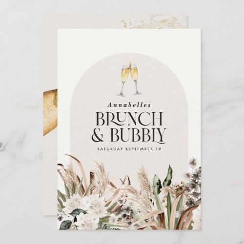 Bridal shower pampas grass champagne brunch bubbly invitation