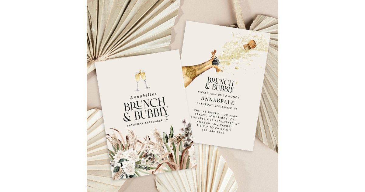 Bridal shower pampas grass champagne brunch bubbly invitation | Zazzle
