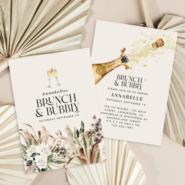 Bridal shower pampas grass champagne brunch bubbly invitation | Zazzle