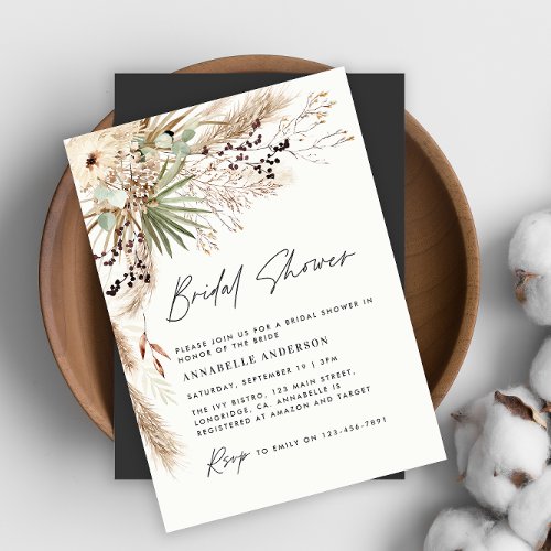 Bridal shower pampas grass modern black elegant invitation