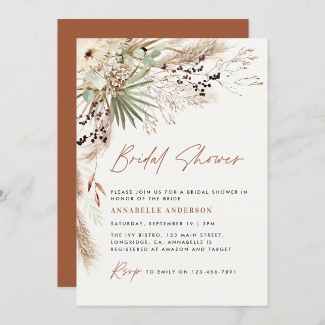 Bridal shower pampas grass modern boho elegant invitation (Front/Back)