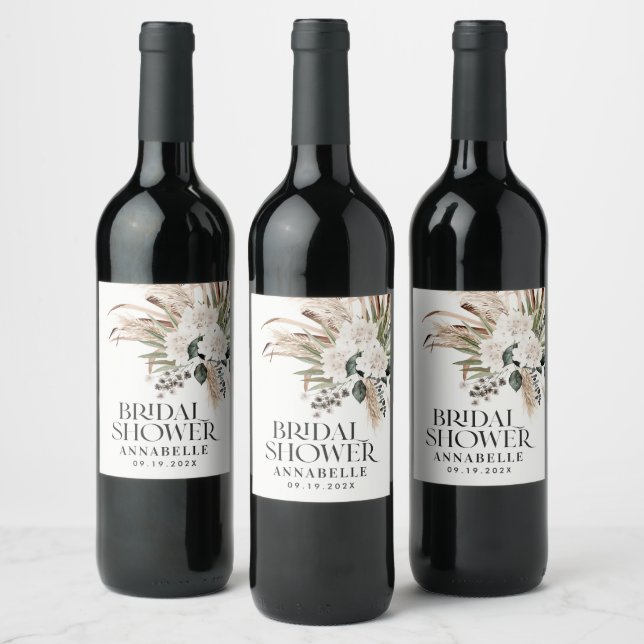 Bridal shower pampas grass modern elegant natural wine label (Bottles)
